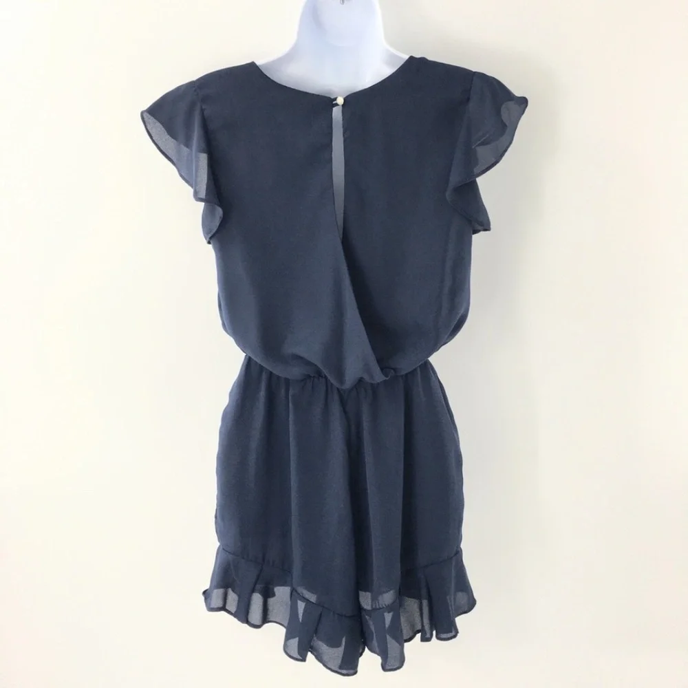 Everly Womens Romper Flutter Sleeves Elastic Waist Summer Tie Feminine Navy Sz - Picture 8 of 15